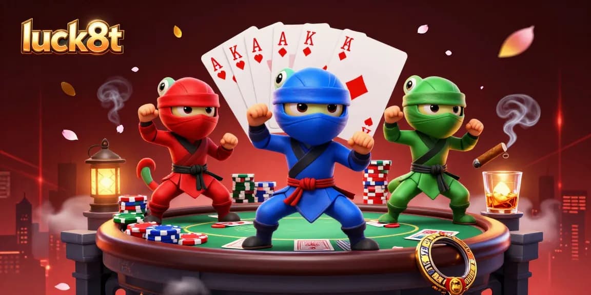 Engage in strategic poker action with luck8t chameleon ninjas showcasing their skills in a dynamic rooftop setting.
