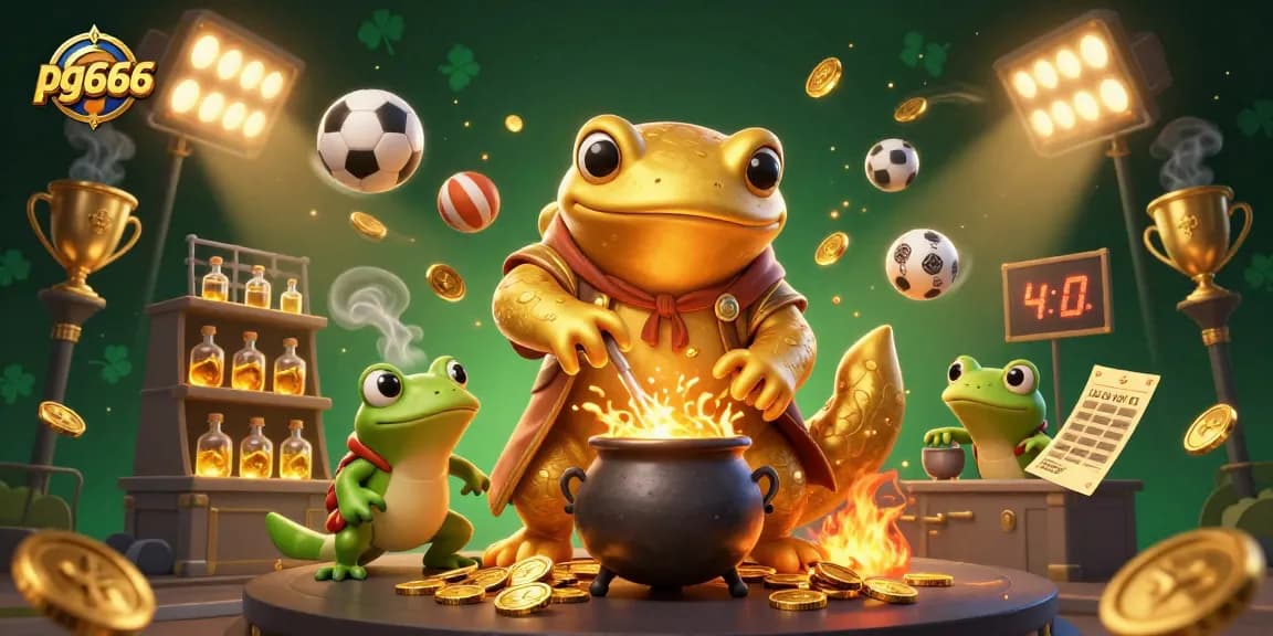 Experience the magic of pg666 with a vibrant illustration of a gold-transmuting alchemist and sports elements.