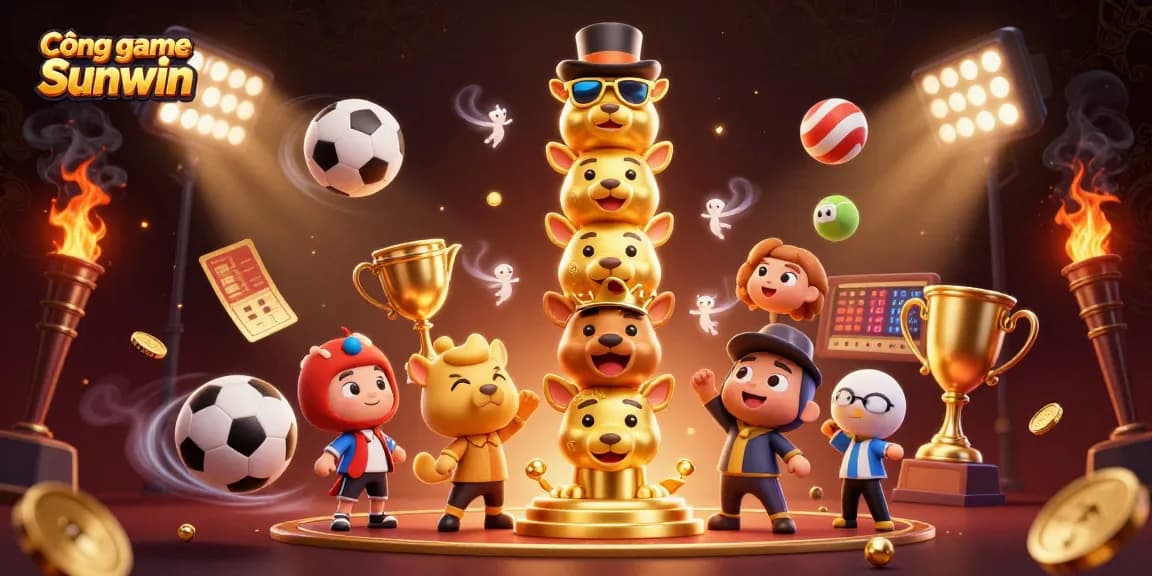 Cổng game Sunwin showcases an animated golden totem surrounded by various sports elements, epitomizing vibrant gaming.