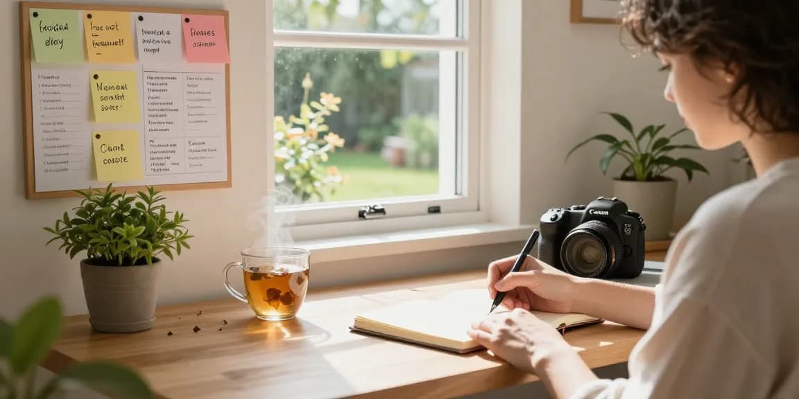 Persönlichkeitsentwicklung Tipps: Person beim Journaling in einem inspirierenden Home Office.