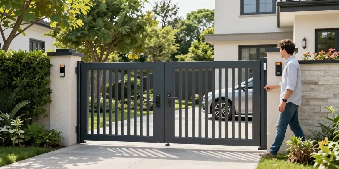 Elegantes Schiebetor von WIŚNIOWSKI in moderner Gartenumgebung, das Sicherheit und Komfort vereint.