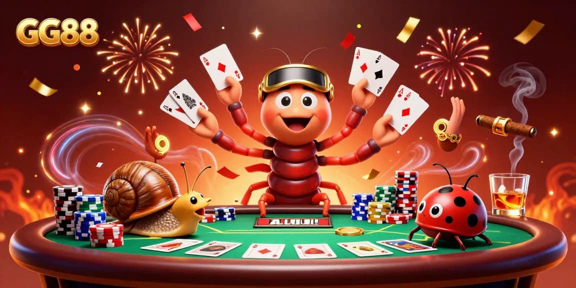 GG88 dealer showcases a winning hand with poker cards, excitement filled with colorful chips and dynamic casino elements