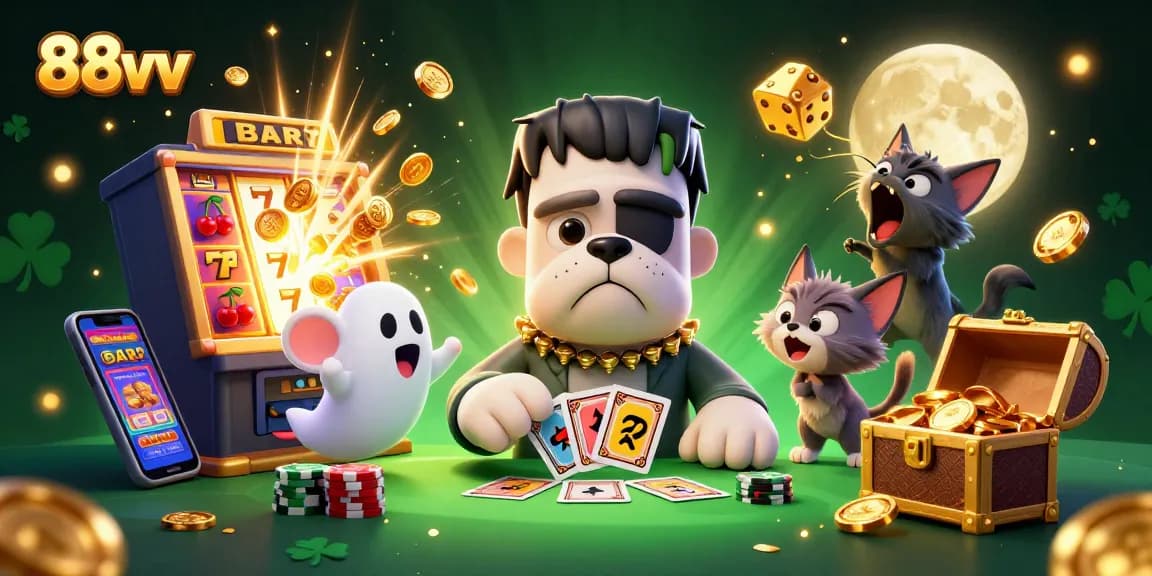 Play exciting games at 88vv with a lively 3D cartoon illustration of a Frankenstein bulldog dealer.
