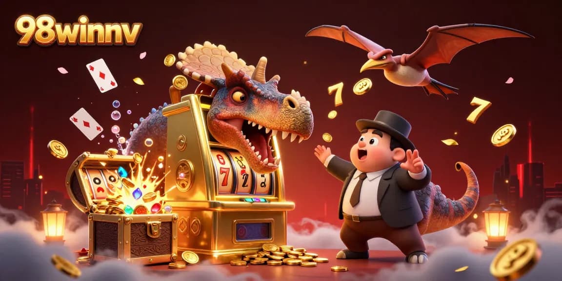 Experience the excitement of 98winnv with a pachycephalosaurus winning jackpots, amidst flying coins and vibrant settings.