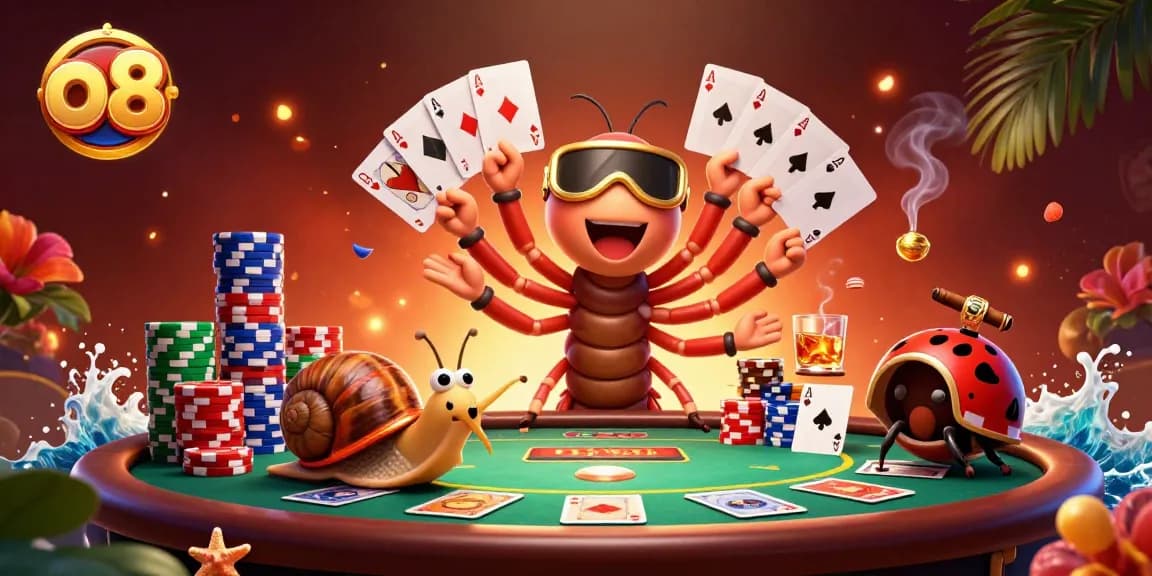Experience thrilling moments with o8 as the energetic millipede dealer and chip-stacking snail engage in a vibrant casino scene.