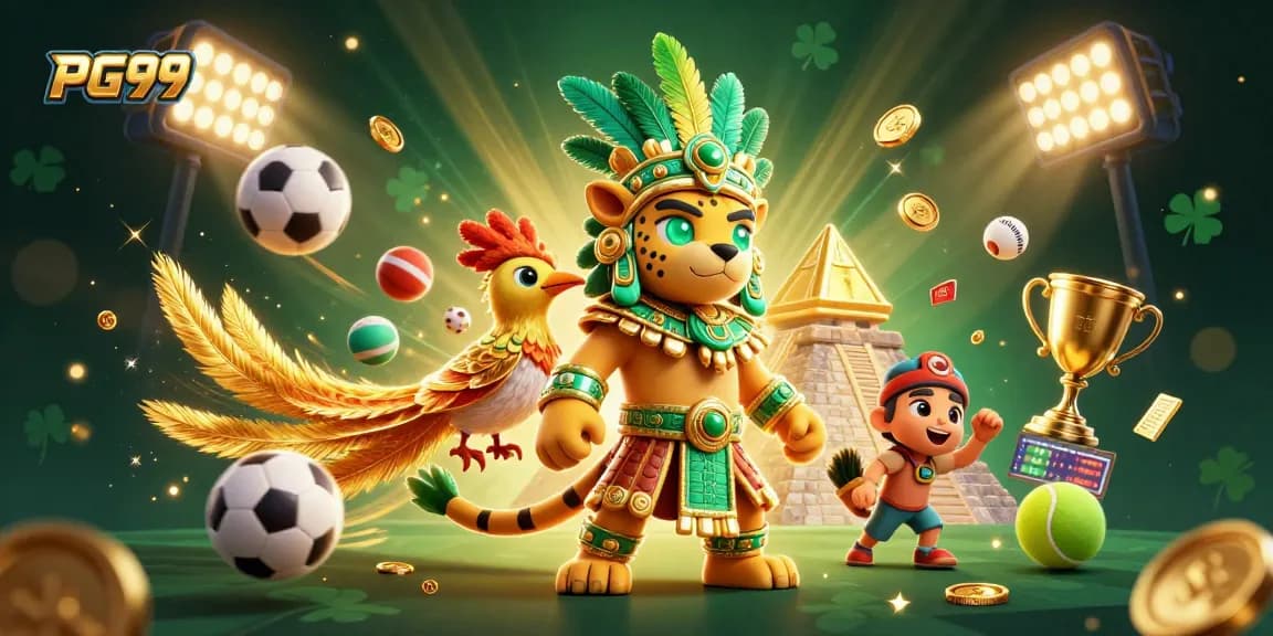 Experience the thrill of PG99 with a vibrant 3D gambling scene featuring majestic characters and sports elements.