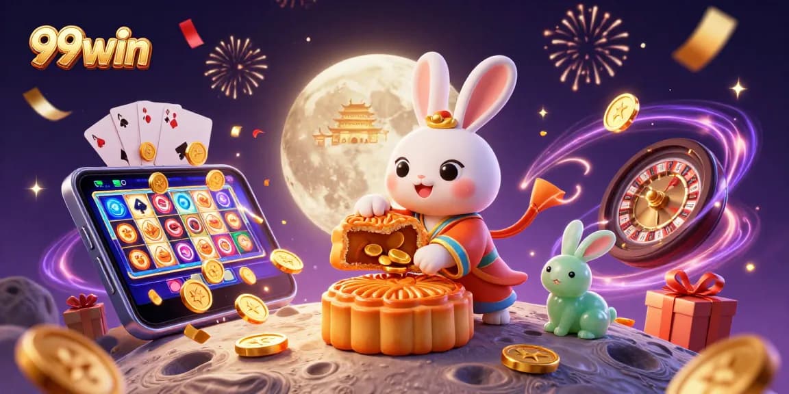 Experience the excitement of 99win with a captivating scene of a moon rabbit unlocking treasures on the lunar surface.