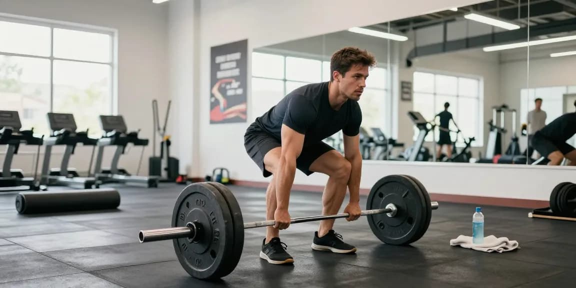 Global Pharma Steroids: Athlet beim Kreuzheben in modernem Fitnessstudio mit motivierenden Elementen im Hintergrund.