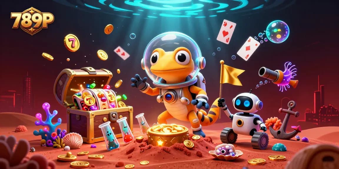 Experience the thrills of 789P with a cartoon Martian discovering a golden casino among vibrant game elements.