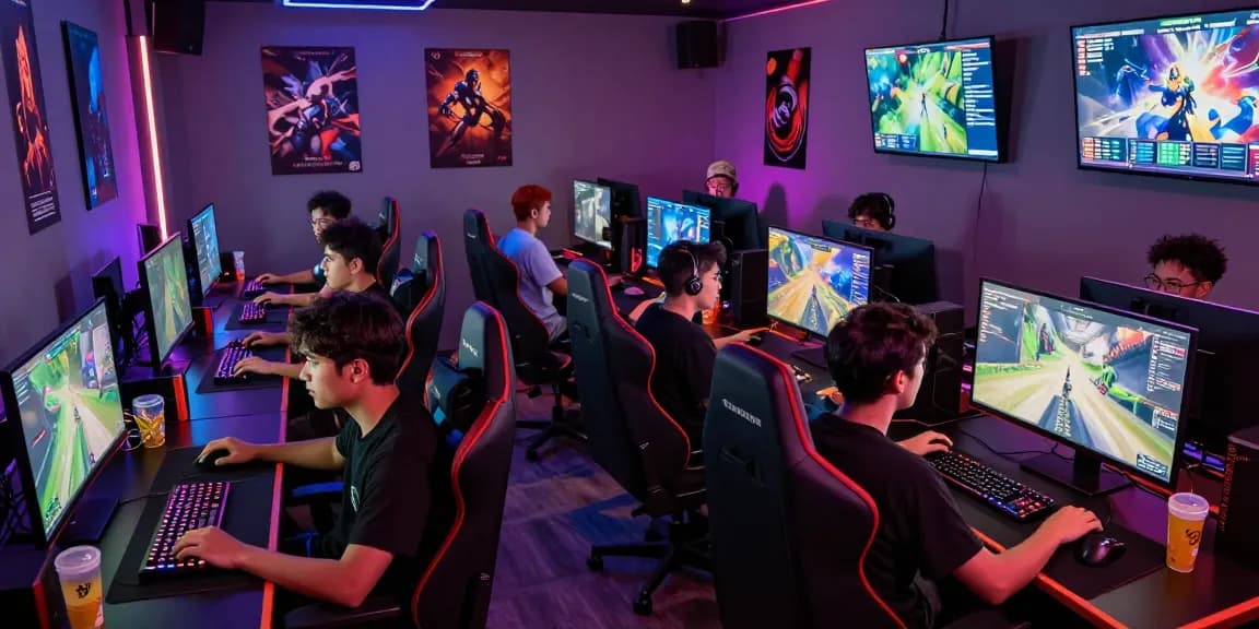Engaged gamers competing on screens at https://sc88.chat/ in a lively gaming lounge.