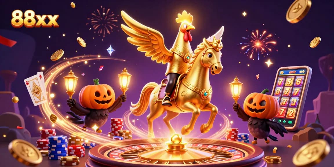 Win big at 88xx with golden rooster and friends in vibrant casino chaos, surrounded by coins and cards.