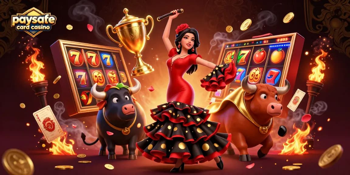 Illustration eines Paysafe Card Casinos, die fröhliche Spielelemente wie Spielautomaten und einen Flamenco-Tänzer hervorhebt.