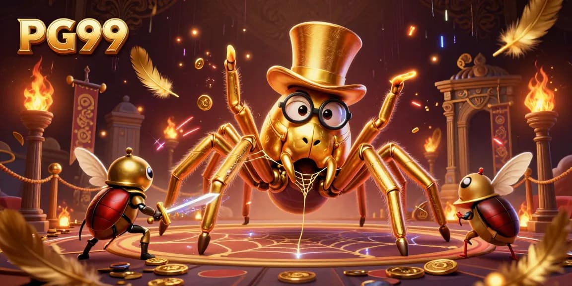 Experience excitement at PG99 with a golden tarantula and a tiny knight in a casino scene.