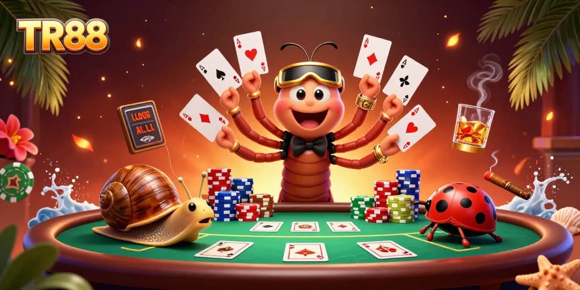 Experience the excitement of TR88 with dynamic casino elements and colorful characters in this vibrant 3D illustration.