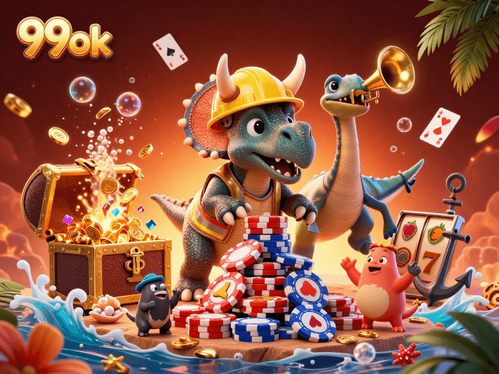 Join the excitement at 99ok with lively poker chip pyramids in this vibrant casino scene!