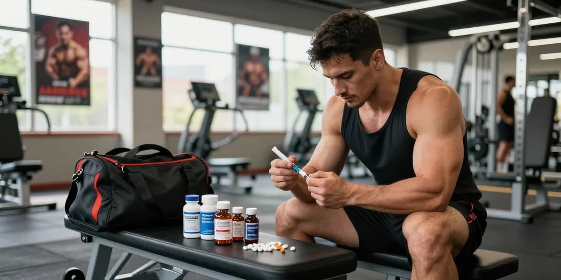Anabolika Shop - Athletic man showcasing steroids after workout in a modern gym.