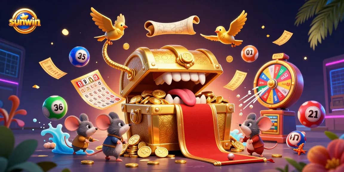 Win big with sunwin during a vibrant gaming adventure filled with lottery balls, treasure, and prizes.