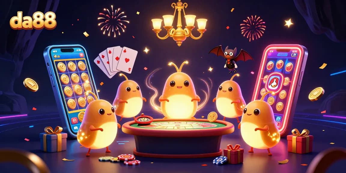 Experience da88’s vibrant cave casino scene illuminated by glowworms and a bat dealer.