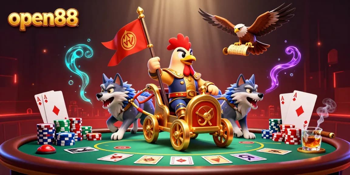 Engage with open88's thrilling poker scene featuring a rooster warlord and vibrant casino elements.