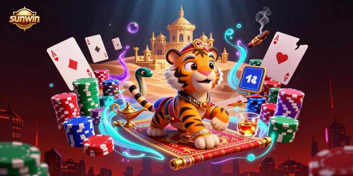 Engage with the thrilling world of sunwin as the tiger sultan navigates a vibrant casino on a flying carpet of poker chips.