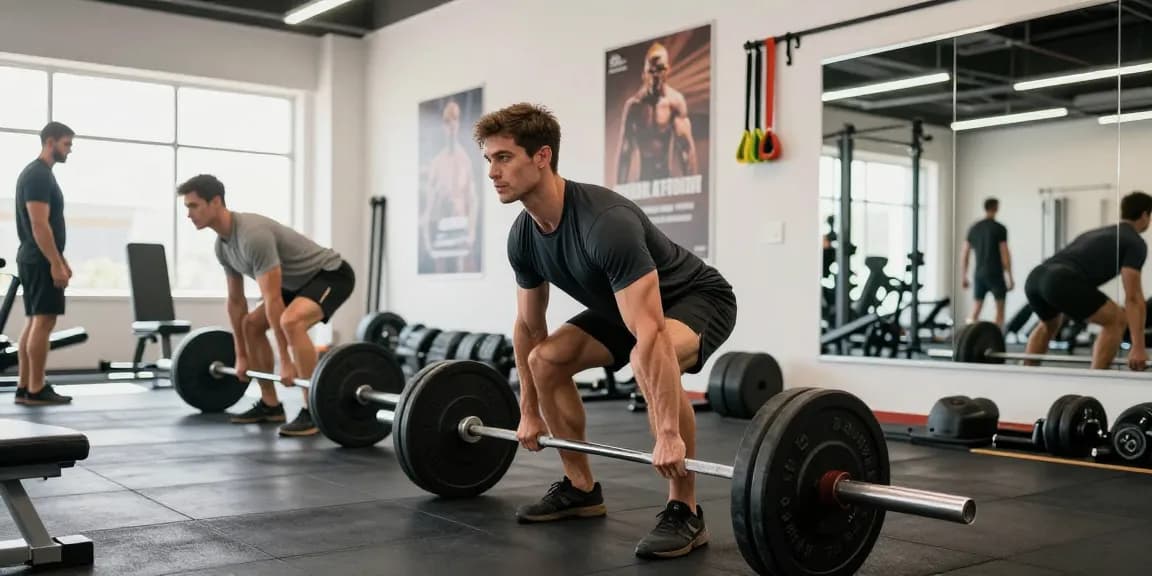 Utinon Steroids Shop: Fitnessszene mit Bodybuilder bei Krafttraining im modernen Fitnessstudio