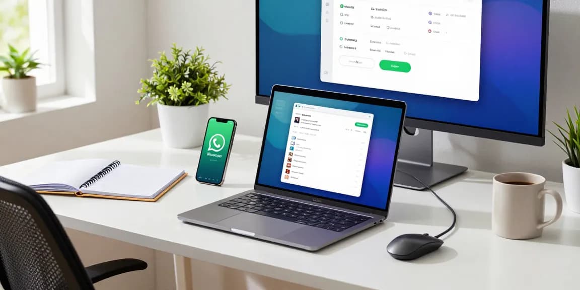 Engaging workspace with WhatsApp電腦版 displayed on a laptop, featuring colorful interfaces and a vibrant home office setup.