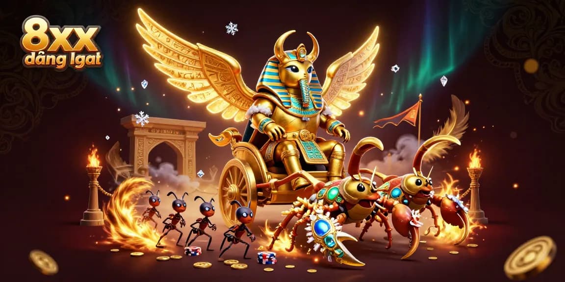 Experience the thrill of 8xx đăng nhập with dynamic casino elements featuring a colossal scarab and scorpions.