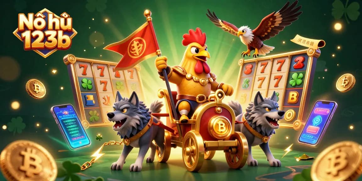 Nổ hũ 123b showcases a vibrant scene with a rooster warlord, slot elements, and crypto coins illustrating a thrilling casino experience.