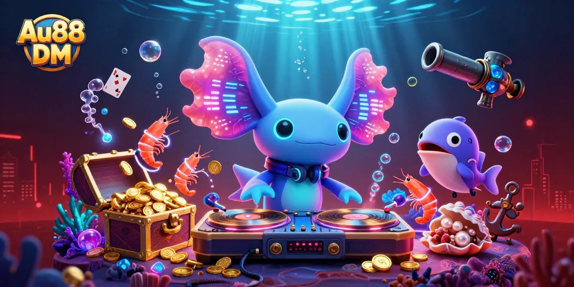 Experience thrilling gameplay with Au88 DM, featuring vibrant characters and underwater riches in a dynamic casino scene.