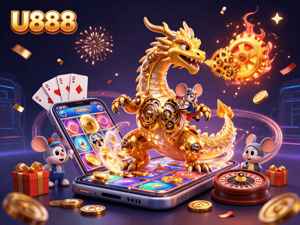 Win big with U888 in an energetic 3D illustration featuring a dragon, gaming elements, and colorful effects.