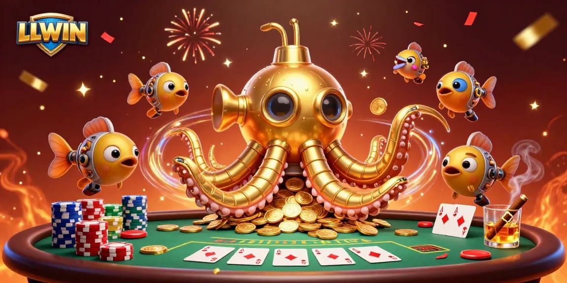 Engaging LLWIN scene of a cartoon kraken submarine with poker elements, showcasing thrilling online gaming.