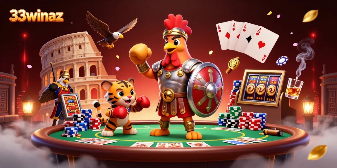 Engage with thrilling gambling action featuring 33winaz's adventurous characters in a vibrant casino scene.