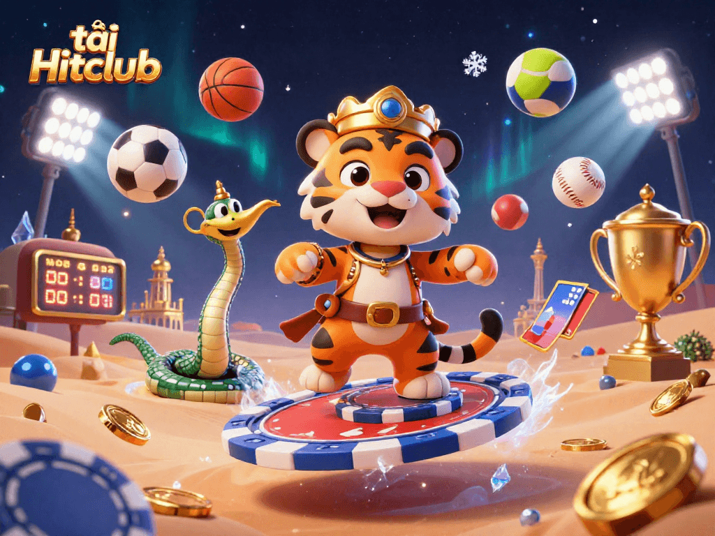 Bet on exciting games as you tải Hitclub with vibrant 3D imagery of a tiger sultan and dynamic sports elements.