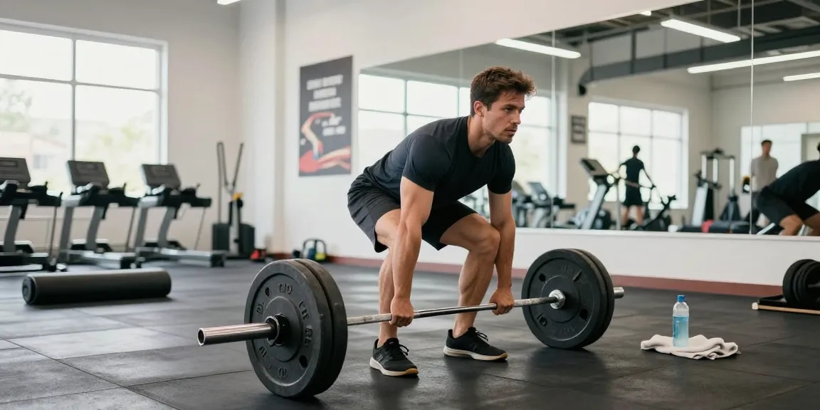 Global Pharma Steroids: Athlet beim Kreuzheben in modernem Fitnessstudio mit motivierenden Elementen im Hintergrund.