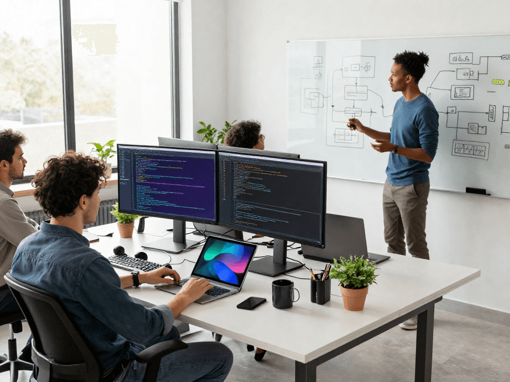 DEWI111 software developers collaborating in an innovative tech workspace.