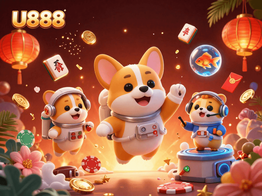 Experience the excitement of U888 at this immersive 3D casino scene with floating chips and engaging characters.