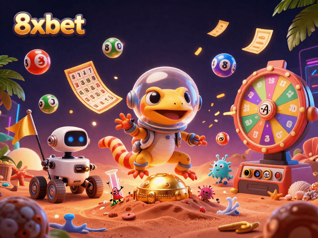 Engage with thrilling games at 8xbet, featuring vibrant casino elements and a fun Martian adventure.