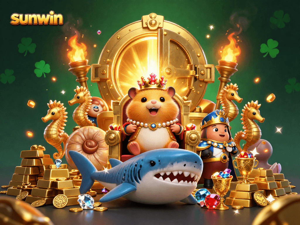 Engage with sunwin's vibrant 3D gambling scene featuring the hamster king and treasure.