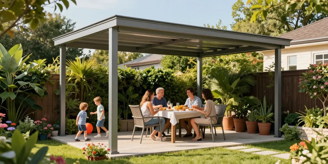 Moderne Terrassenüberdachung in einem Garten mit einer Familie, die ein Essen genießt