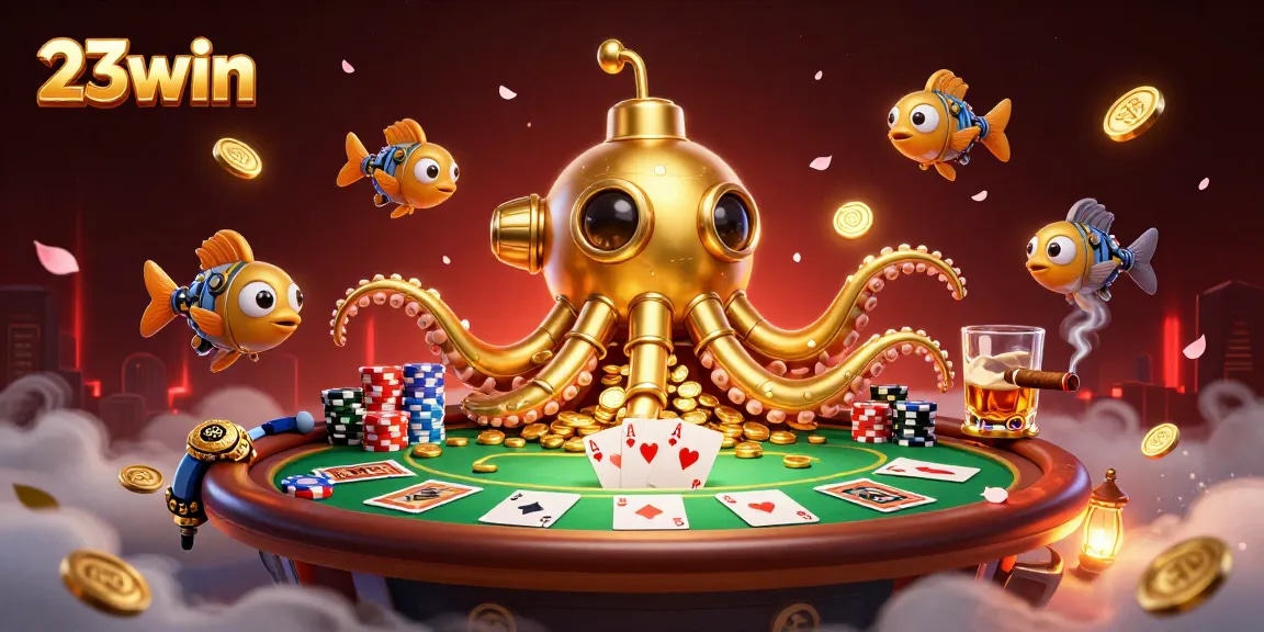 Experience thrilling poker action with 23win's dynamic casino illustration featuring a kraken submarine.