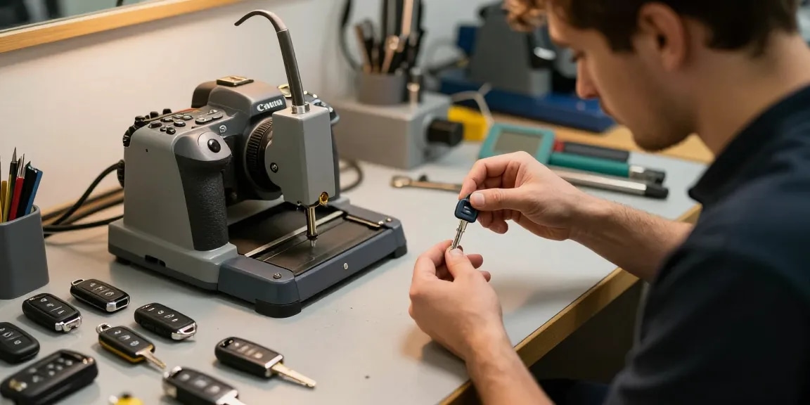 Autoschlüssel nachmachen in einem modernen Werkstatt-Szenario, wo ein Schlosser präzise Dubletten herstellt.
