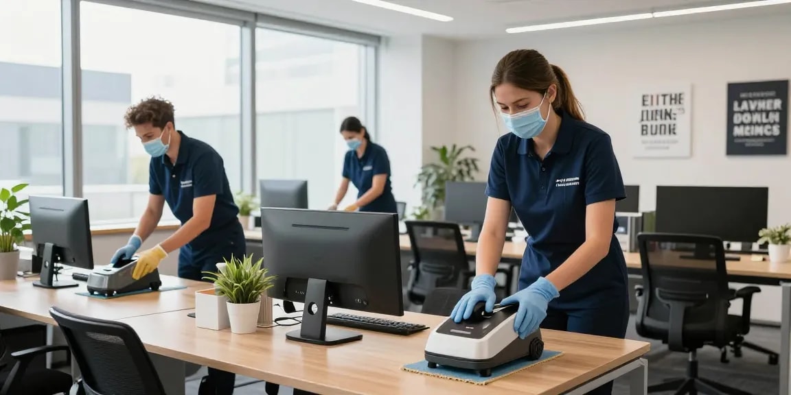 Professionelle Gebäudereinigung Düsseldorf mit geschultem Personal, das Büros effizient und gründlich reinigt.