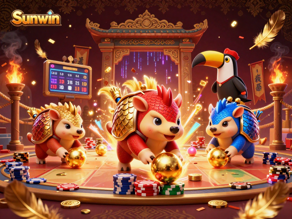 Join the Sunwin pangolin showdown as they bowl through poker chips, with vibrant casino elements!