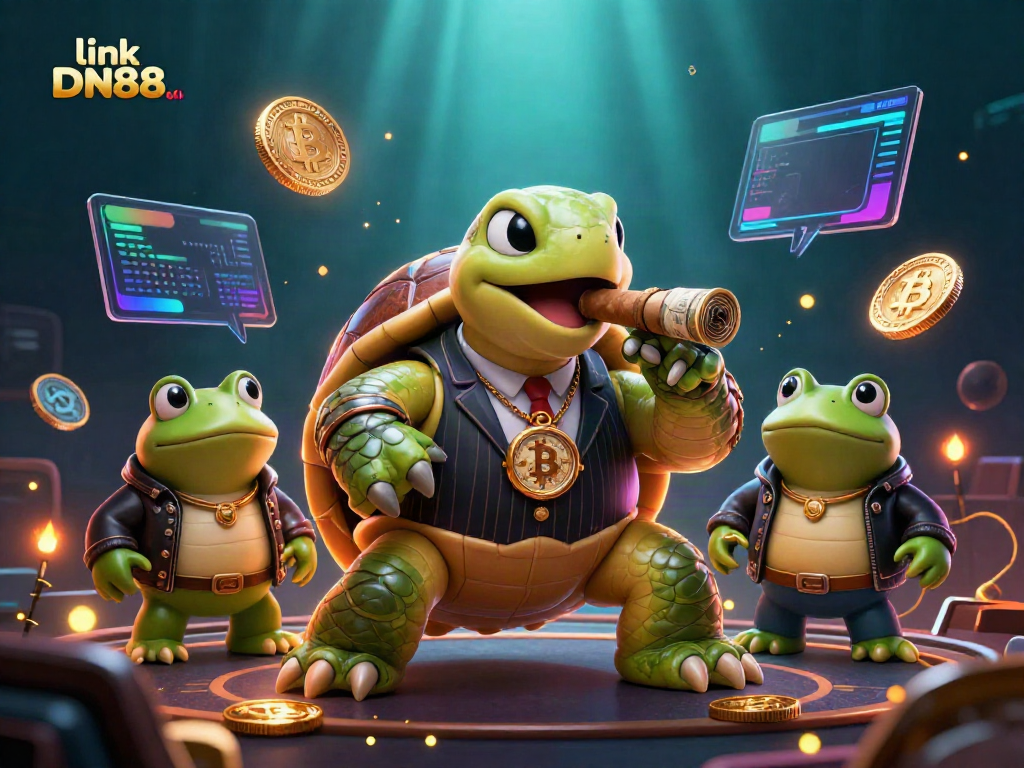 Experience link DN88 with vibrant casino characters, cash, and cryptocurrency lights.