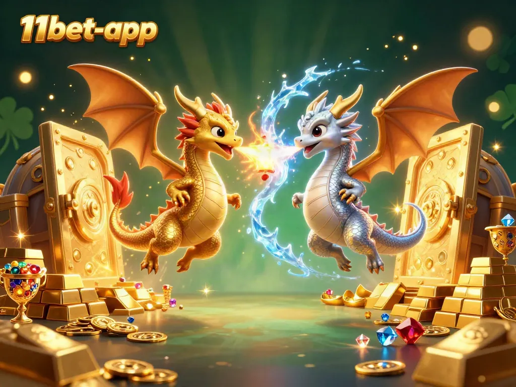 Play and win big with 11bet-app, featuring enchanting dragons and treasure in a vivid 3D casino scene.