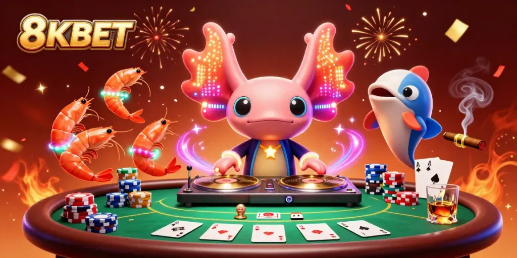 Experience the vibrant energy of 8KBET with a neon-colored axolotl DJ and animated sea creatures at a lively poker table.
