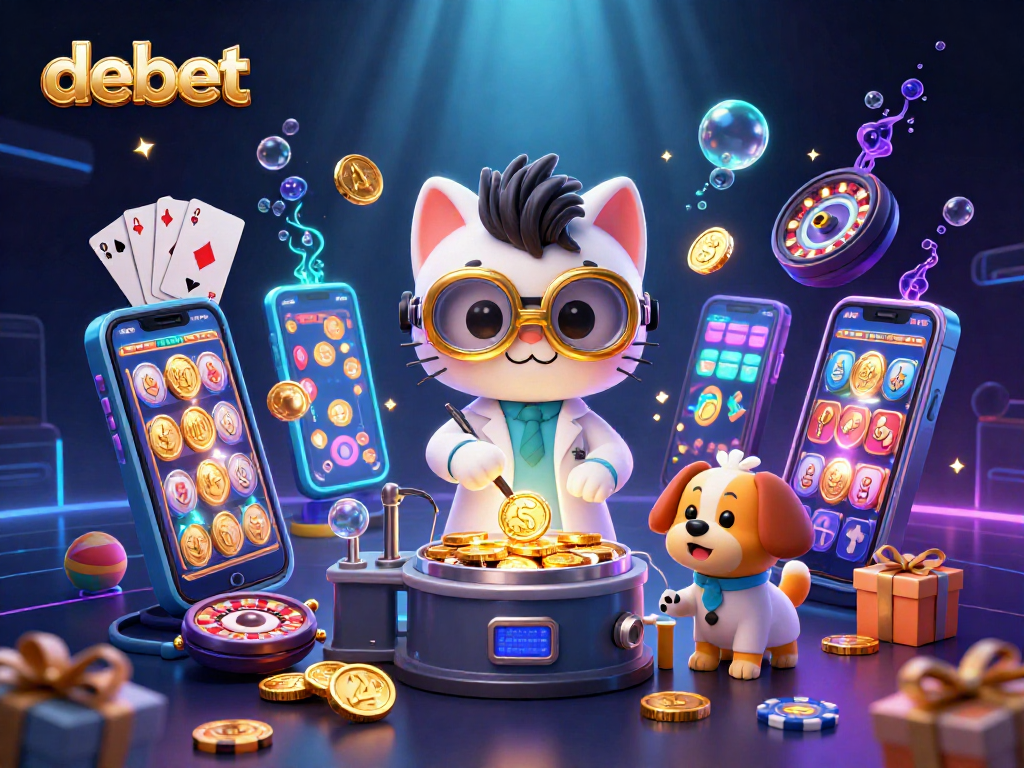 Experience debet's exciting casino games with a vibrant 3D illustration showcasing dynamic gameplay elements.