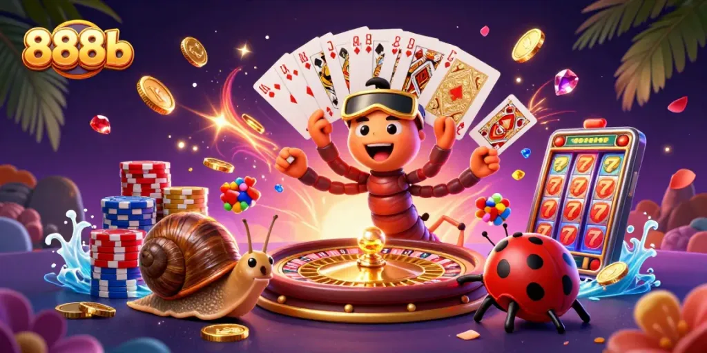 Engage with 888b's lively casino scene featuring dynamic games, vibrant characters, and thrilling action.