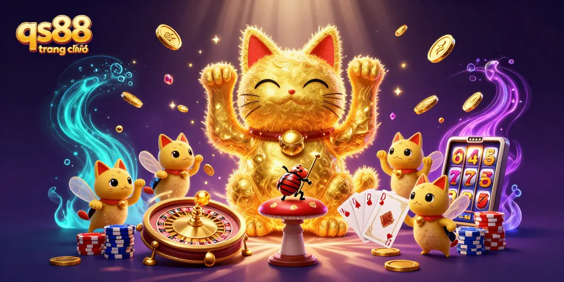 Experience qs88 trang chủ as golden fireflies create a lucky cat amidst casino action.