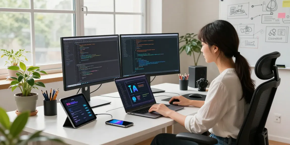 An engaged developer coding an AI assistant application in a modern tech workspace, showcasing innovative tools and a bright atmosphere.